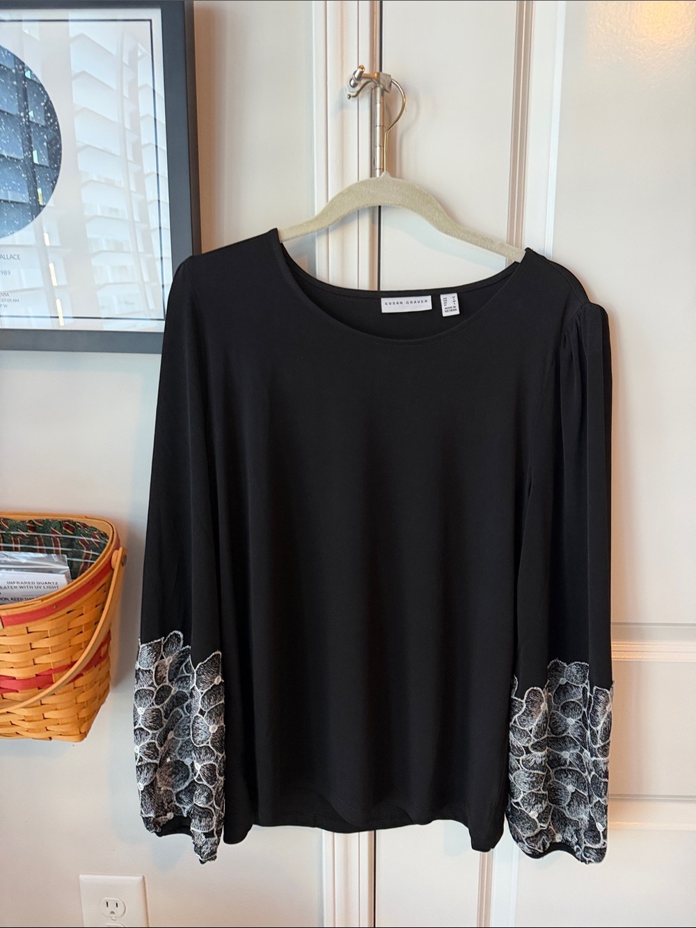 Susan Graver Black Top with Lace-Embellished Cuffs medium
